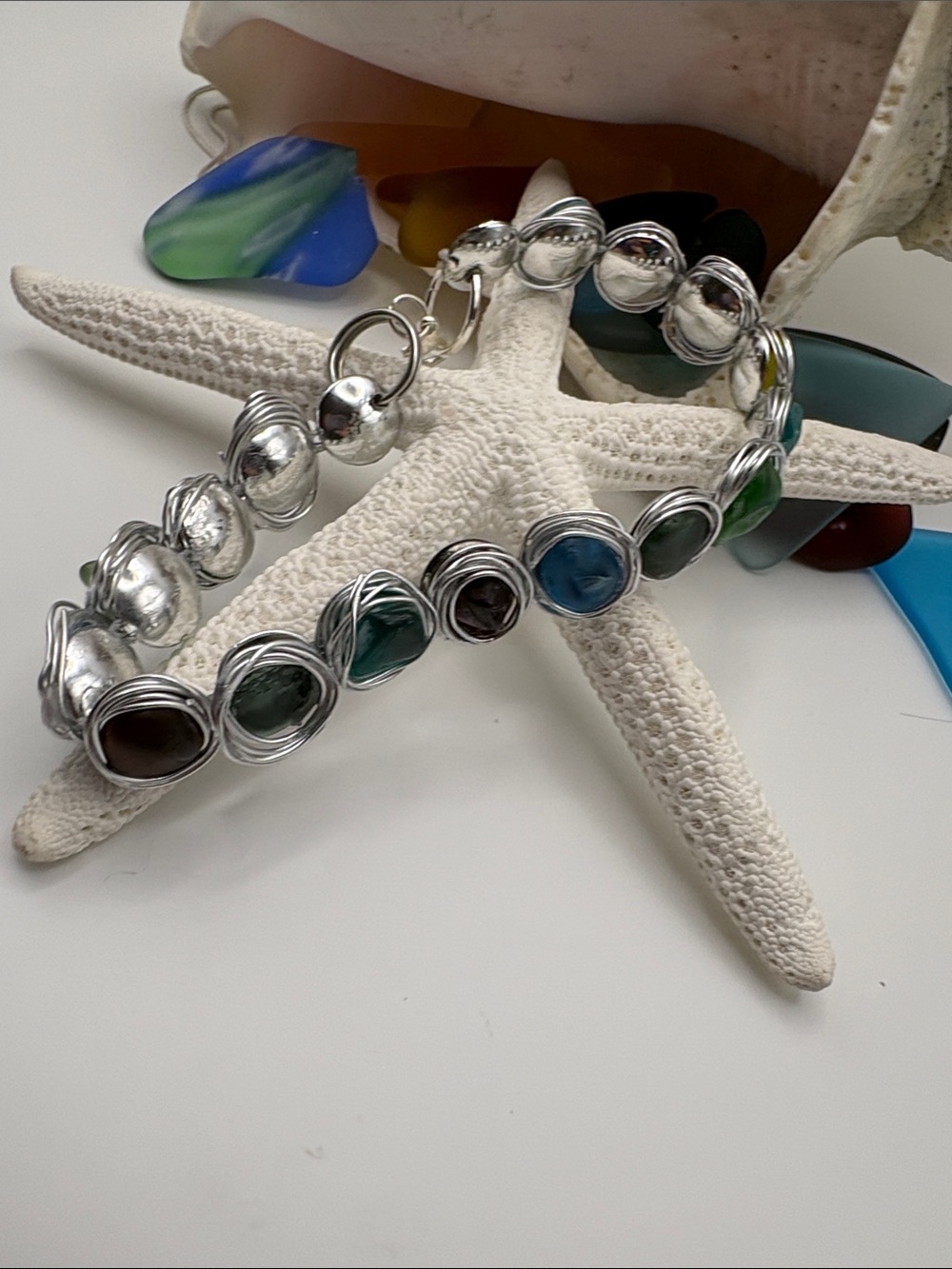 Silver Wire-Wrapped Multi-Color Sea Glass fragment Bead Bracelet